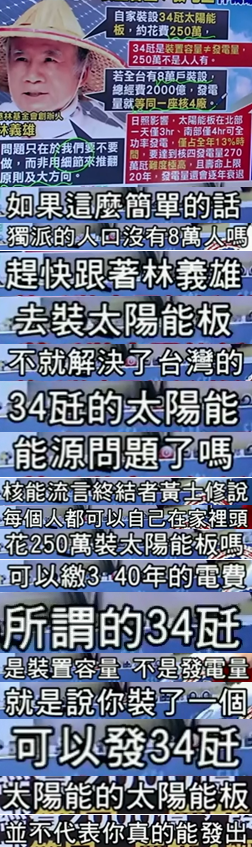 8萬戶裝太陽能板就能比過核4？林義雄請多讀點專業(yè)書吧【臺灣包袱鋪】