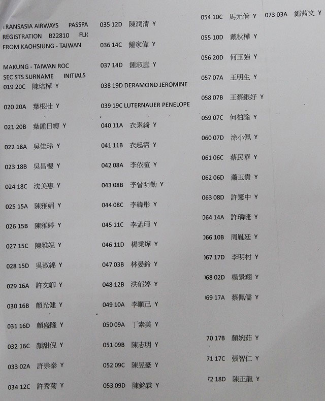 臺灣復(fù)興航空公佈失事客機乘客名單